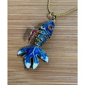 Vintage Articulated KOI Fish Necklace Blue White Enamel Gold Tone 15” Chain